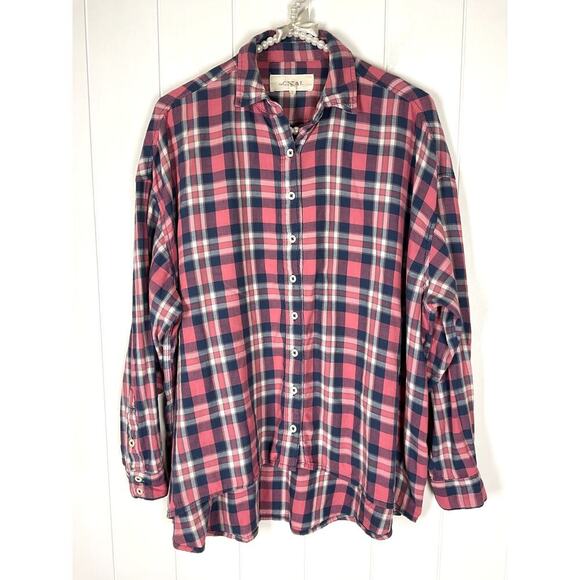 the Great Womens Pink/Navy Flannal Buttondown Long Sleeve Oversized Shirt Size 0 - Picture 1 of 7
